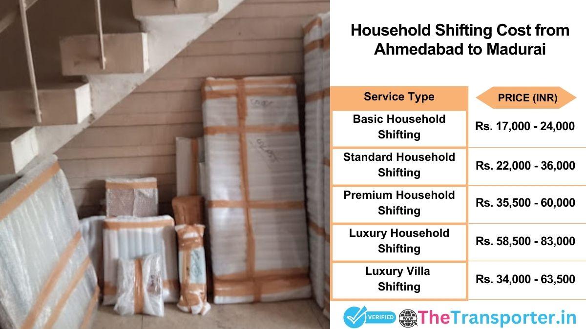 Household shifting charges list from Ahmedabad to Madurai
