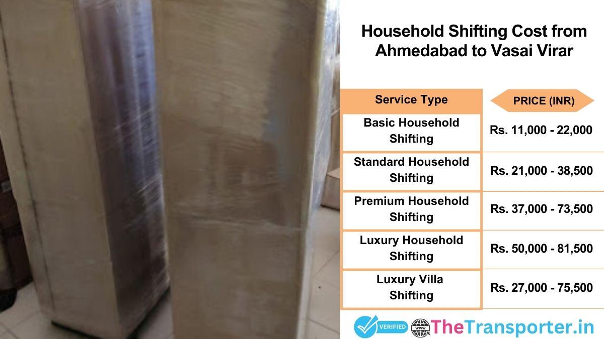 Household shifting charges list from Ahmedabad to Vasai-virar