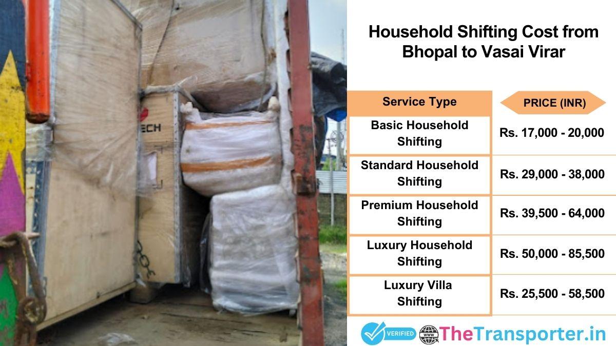Household shifting charges list from Bhopal to Vasai-virar