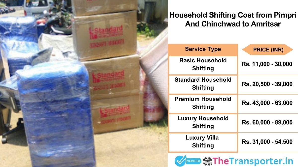 Household shifting charges list from Pimpri and Chinchwad to Amritsar