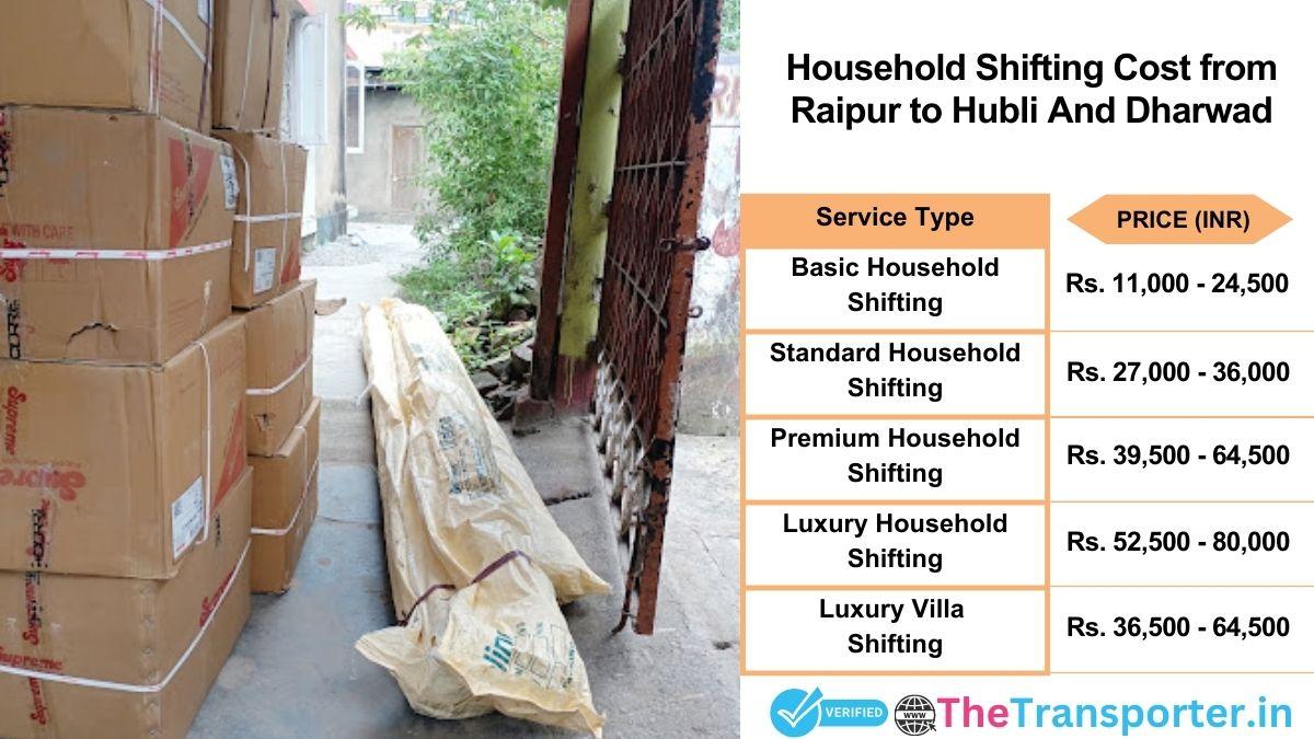 Household shifting charges list from Raipur to Hubli and dharwad