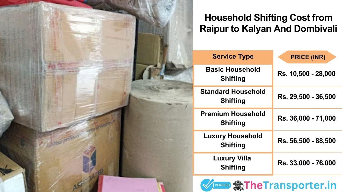 Household shifting charges list from Raipur to Kalyan and dombivali