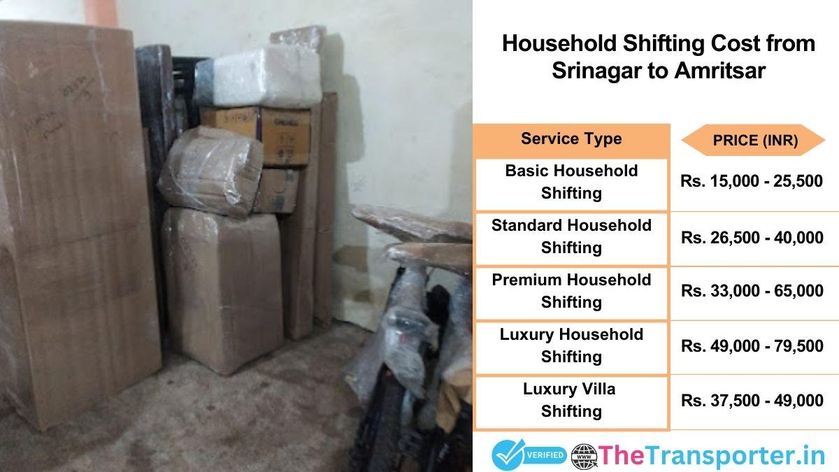 Household shifting charges list from Srinagar to Amritsar