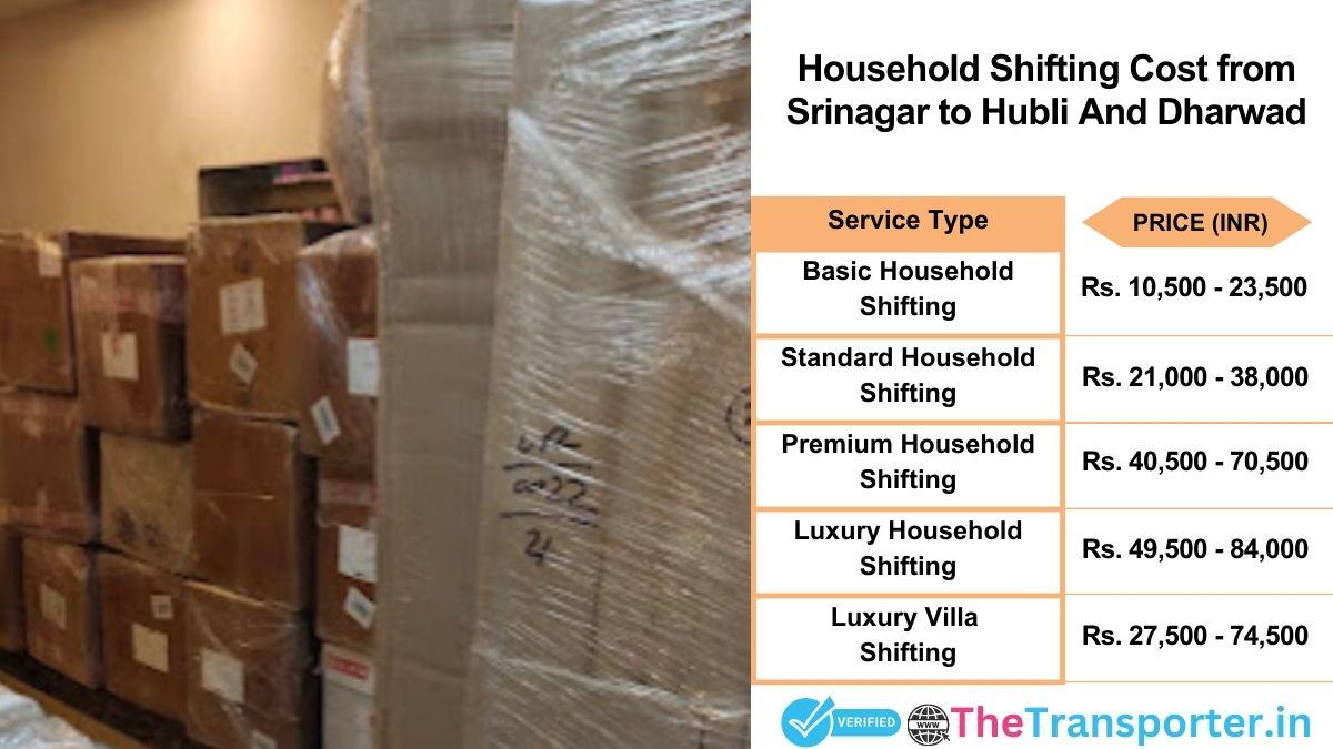 Household shifting charges list from Srinagar to Hubli and dharwad