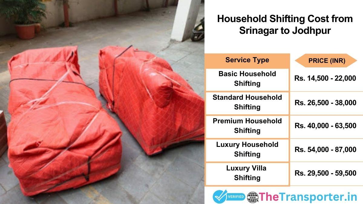 Household shifting charges list from Srinagar to Jodhpur