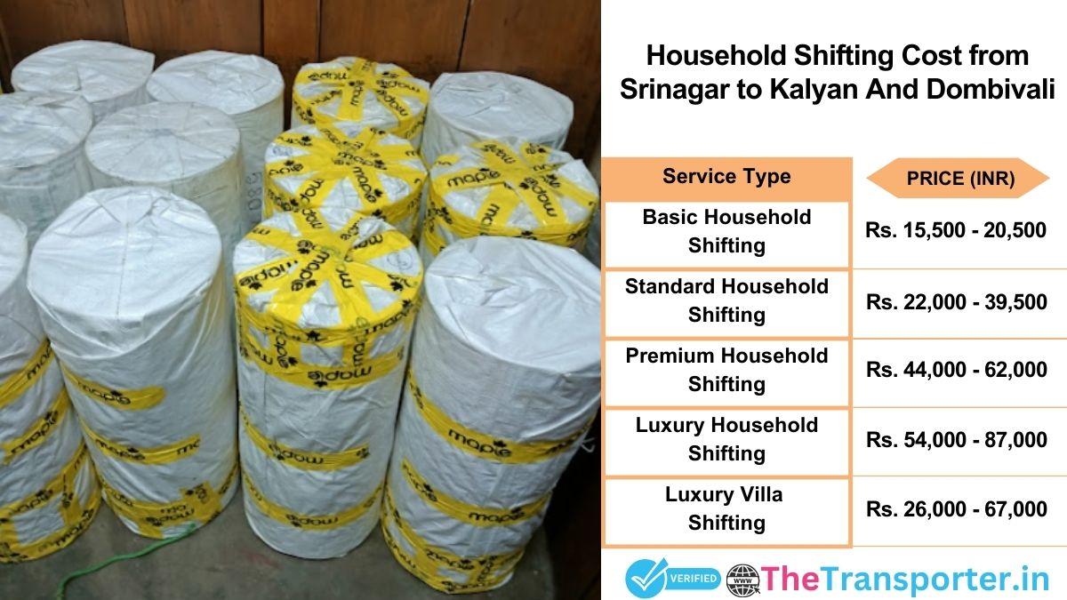 Household shifting charges list from Srinagar to Kalyan and dombivali