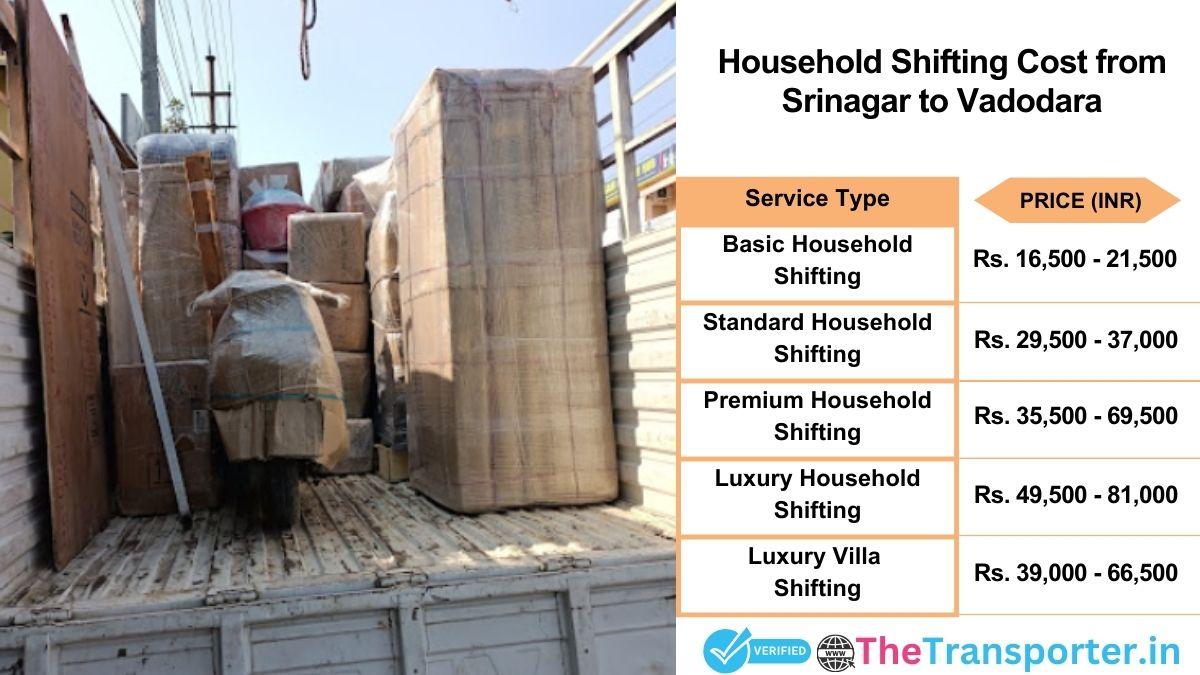 Household shifting charges list from Srinagar to Vadodara