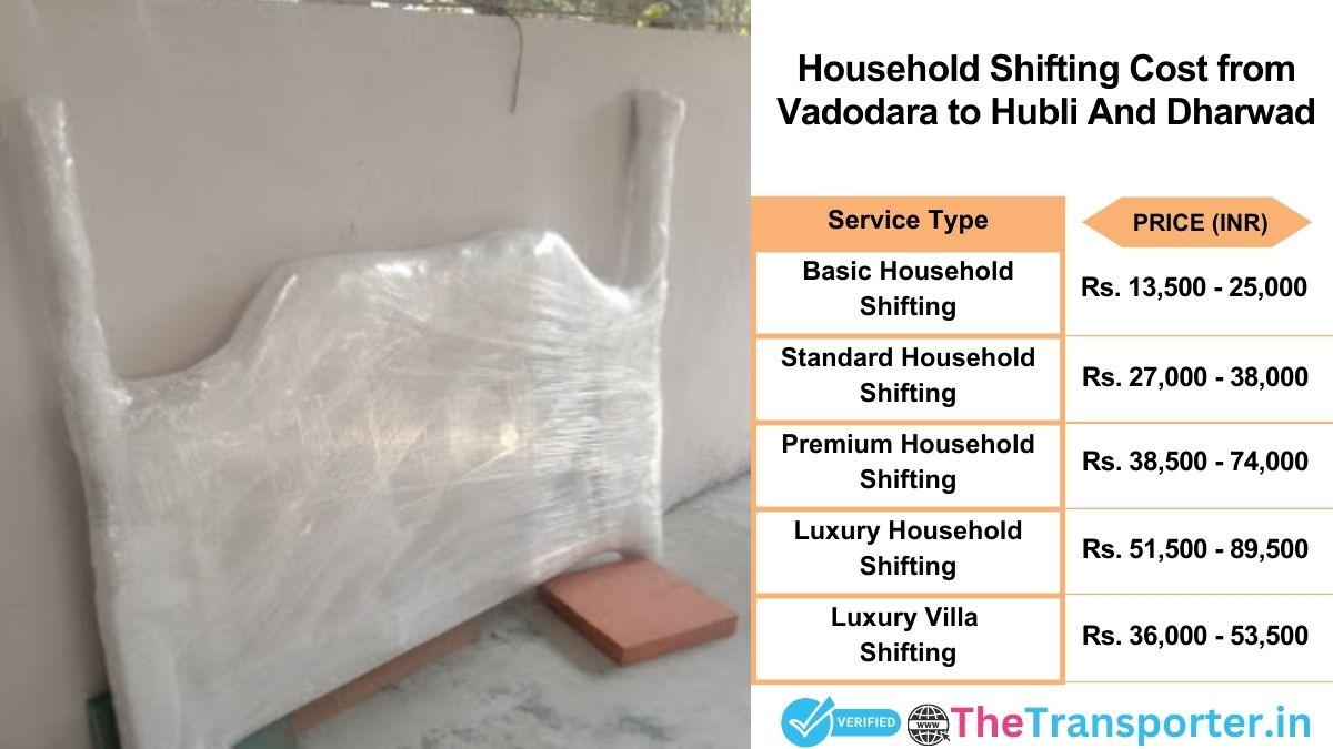 Household shifting charges list from Vadodara to Hubli and dharwad
