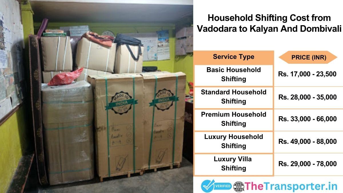 Household shifting charges list from Vadodara to Kalyan and dombivali
