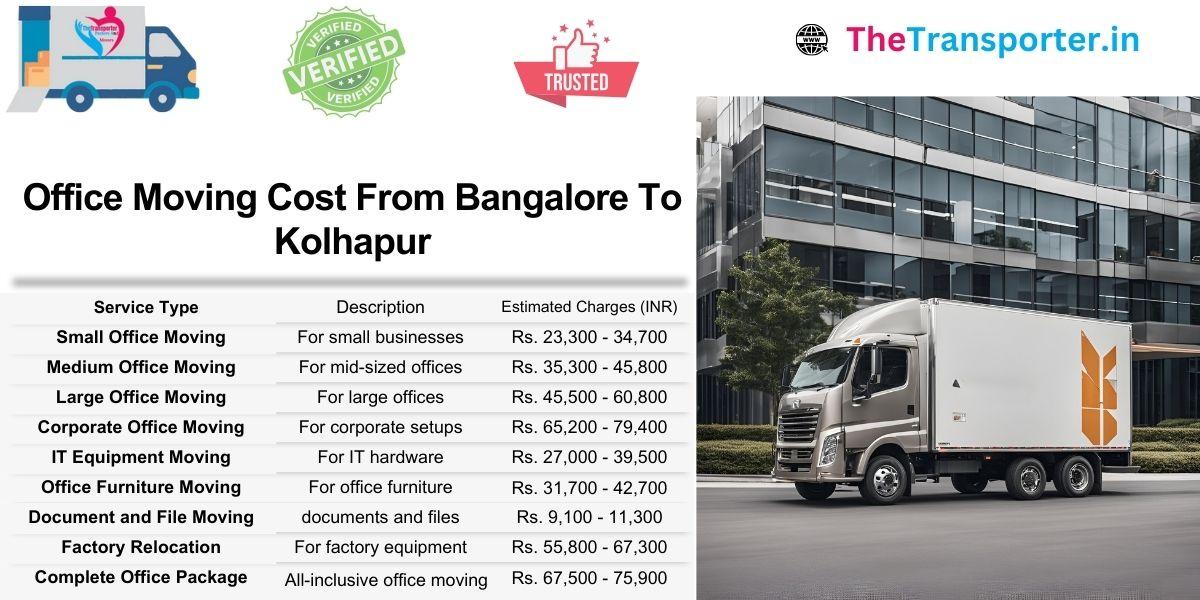 Bangalore to Kolhapur office shifting cost chart covering Moving support and updated service pricing