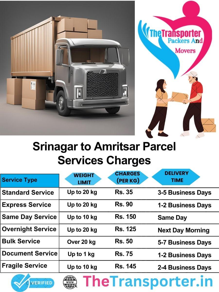 Srinagar to Amritsar parcel delivery charges list