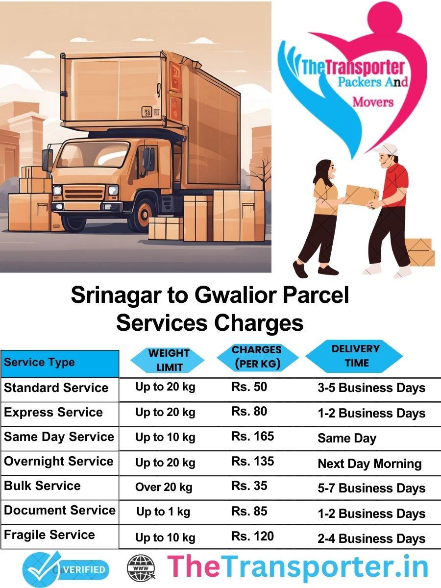 Srinagar to Gwalior parcel delivery charges list
