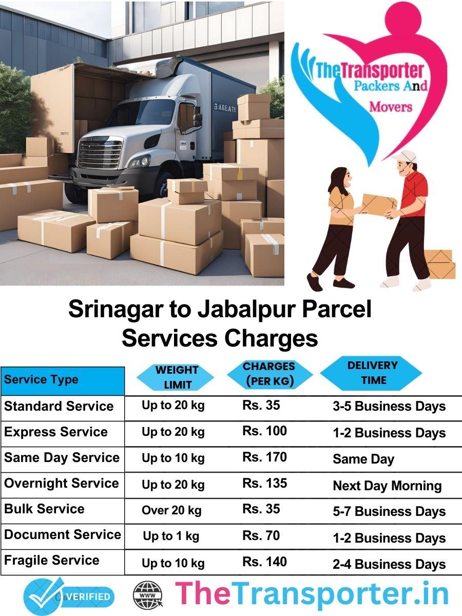 Srinagar to Jabalpur parcel delivery charges list