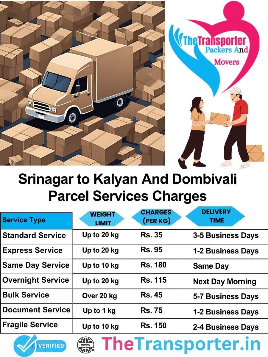 Srinagar to Kalyan and dombivali parcel delivery charges list