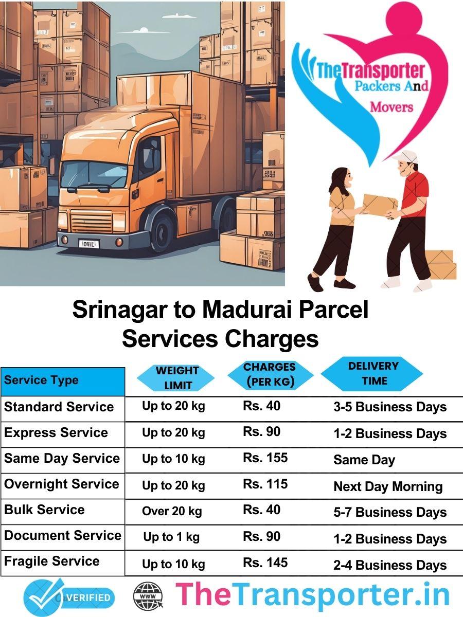 Srinagar to Madurai parcel delivery charges list