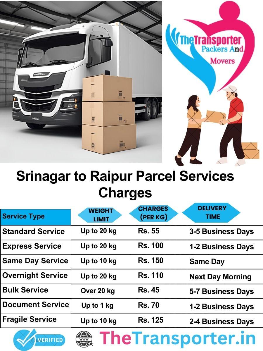 Srinagar to Raipur parcel delivery charges list
