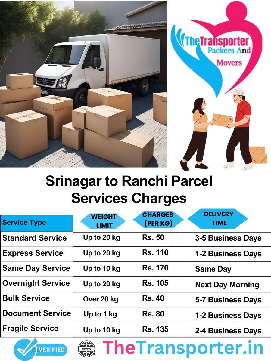 Srinagar to Ranchi parcel delivery charges list