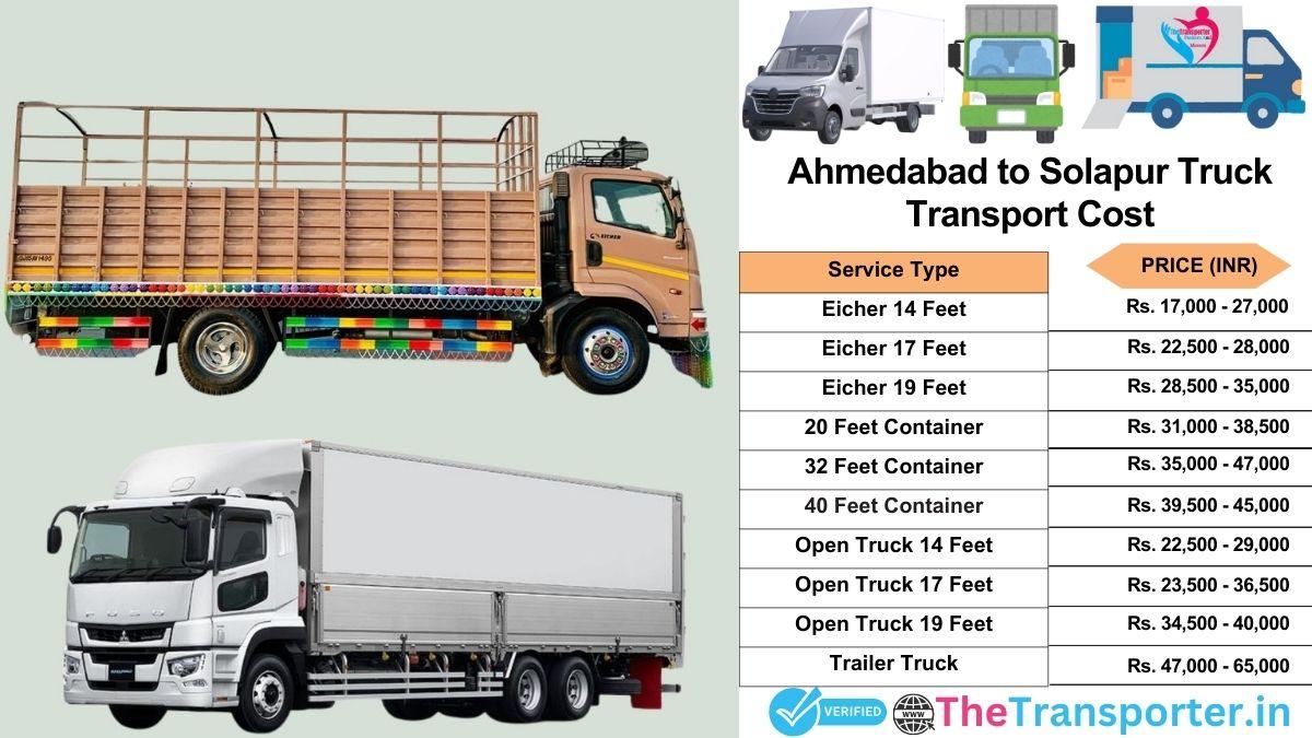 Truck charges list from Ahmedabad to Solapur