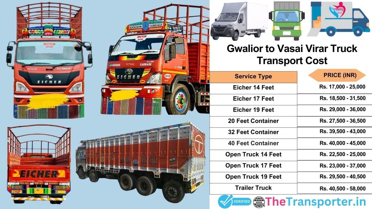 Truck charges list from Gwalior to Vasai-virar