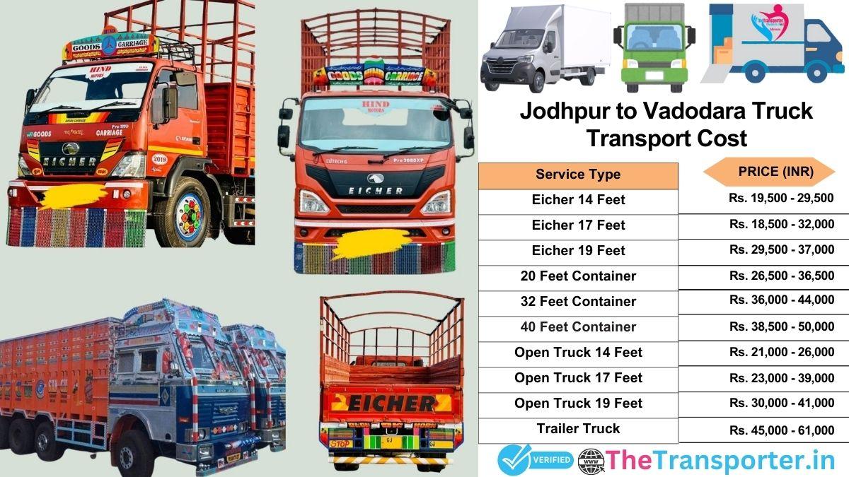 Truck charges list from Jodhpur to Vadodara