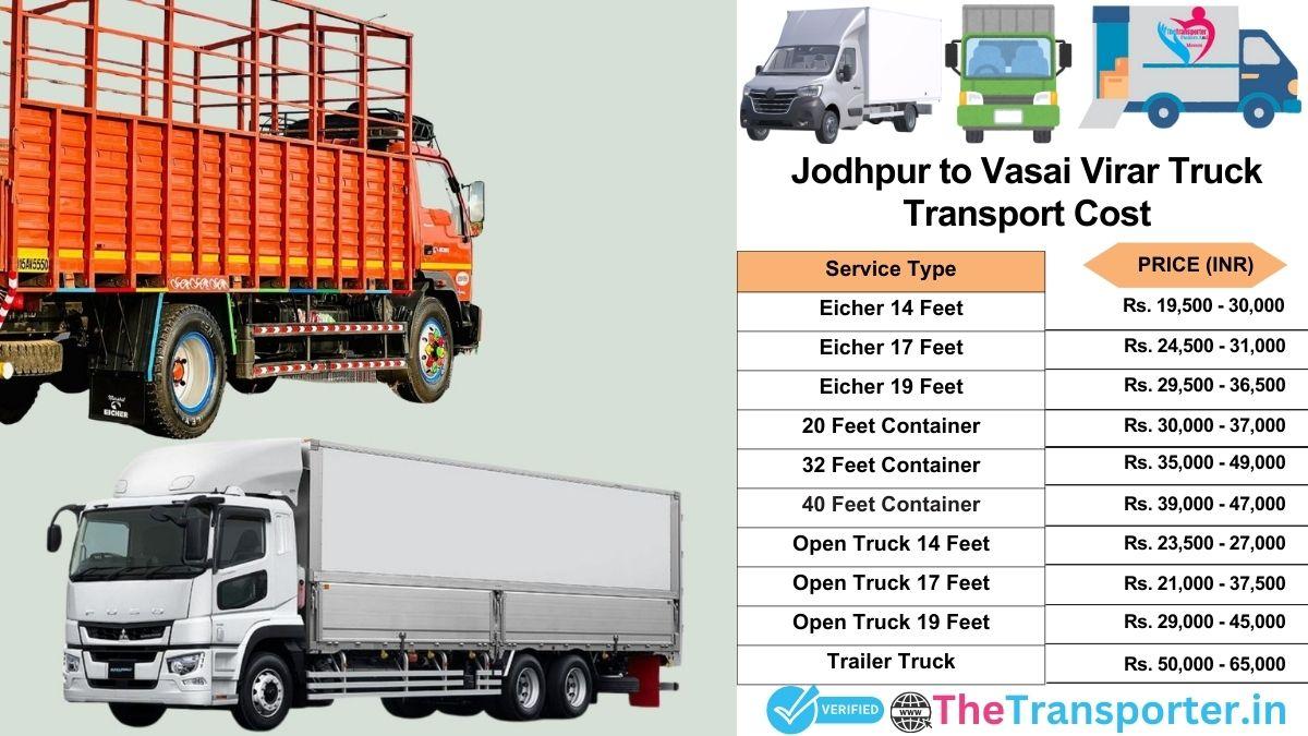 Truck charges list from Jodhpur to Vasai-virar
