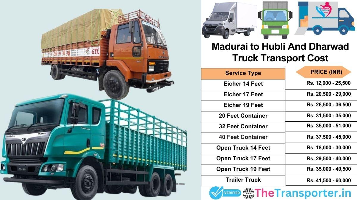 Truck charges list from Madurai to Hubli and dharwad