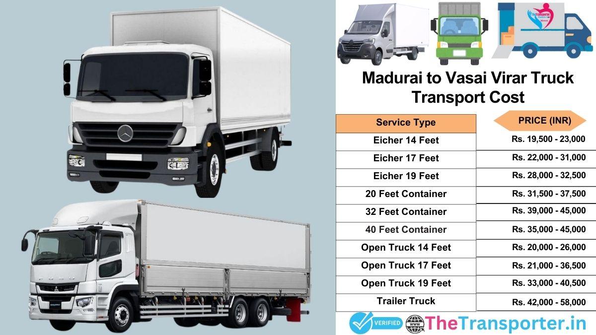Truck charges list from Madurai to Vasai-virar