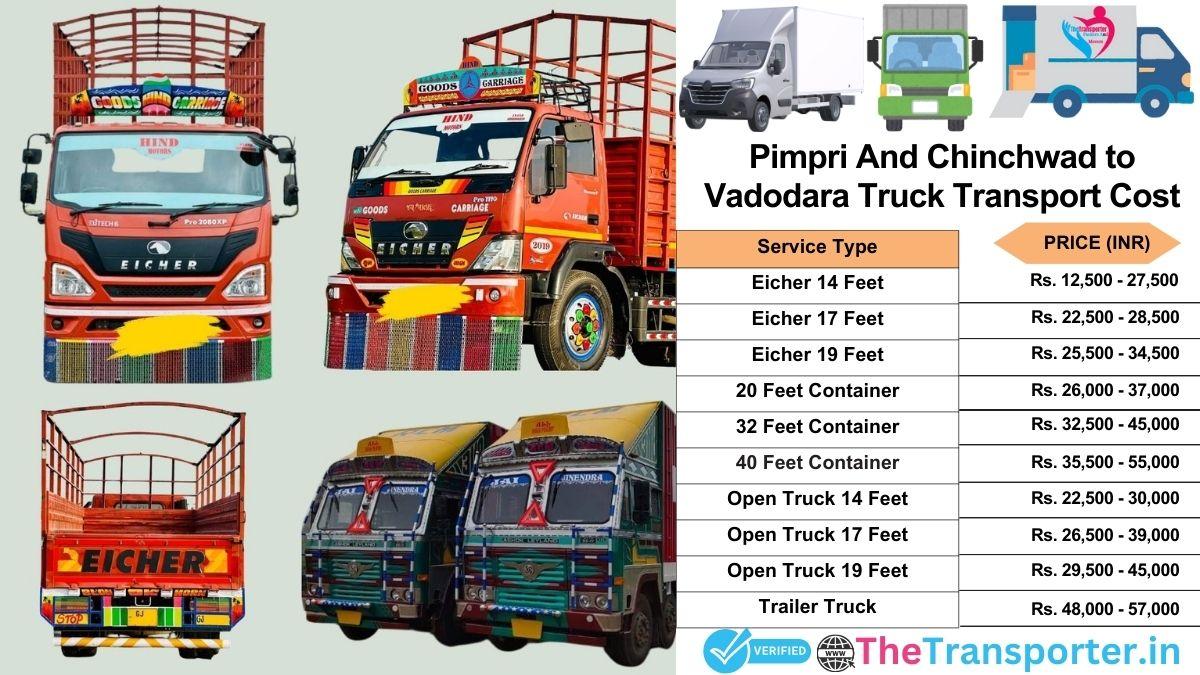 Truck charges list from Pimpri and Chinchwad to Vadodara