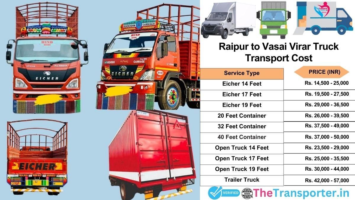 Truck charges list from Raipur to Vasai-virar
