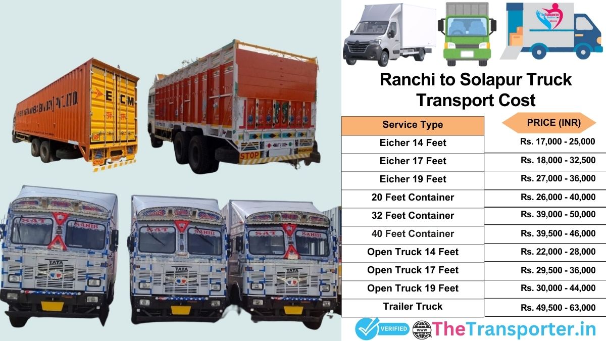 Truck charges list from Ranchi to Solapur