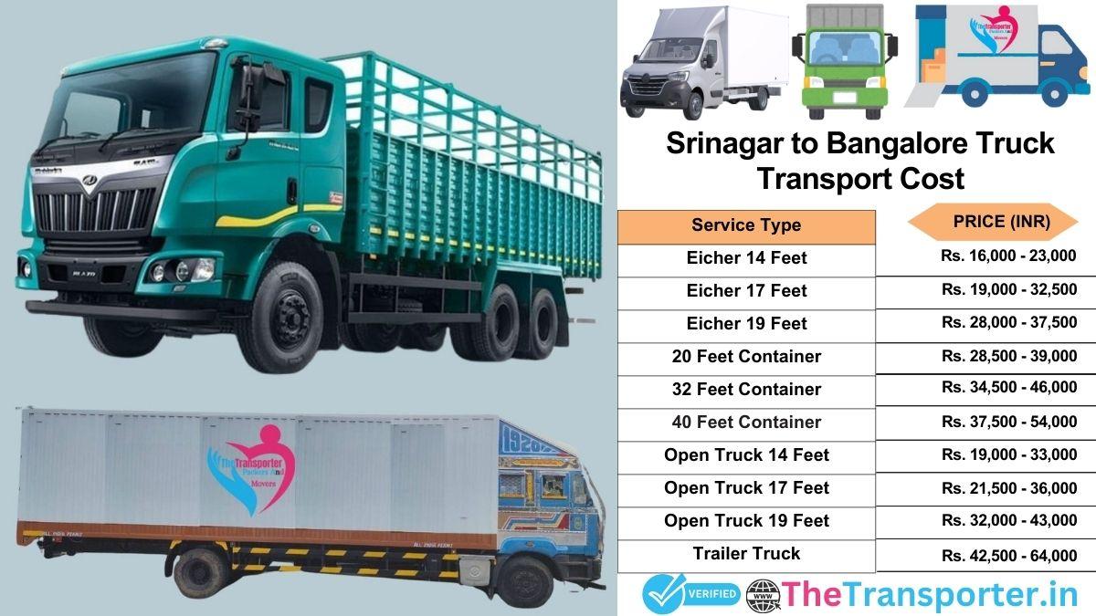 Truck charges list from Srinagar to Bangalore