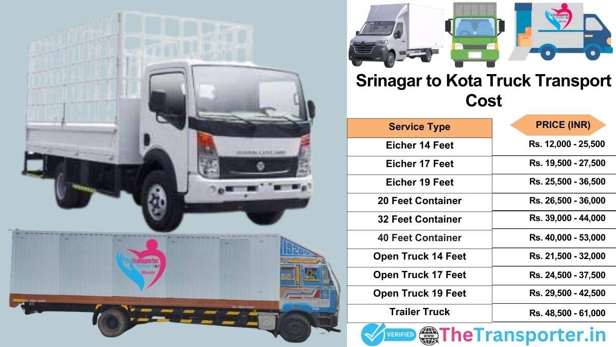 Truck charges list from Srinagar to Kota