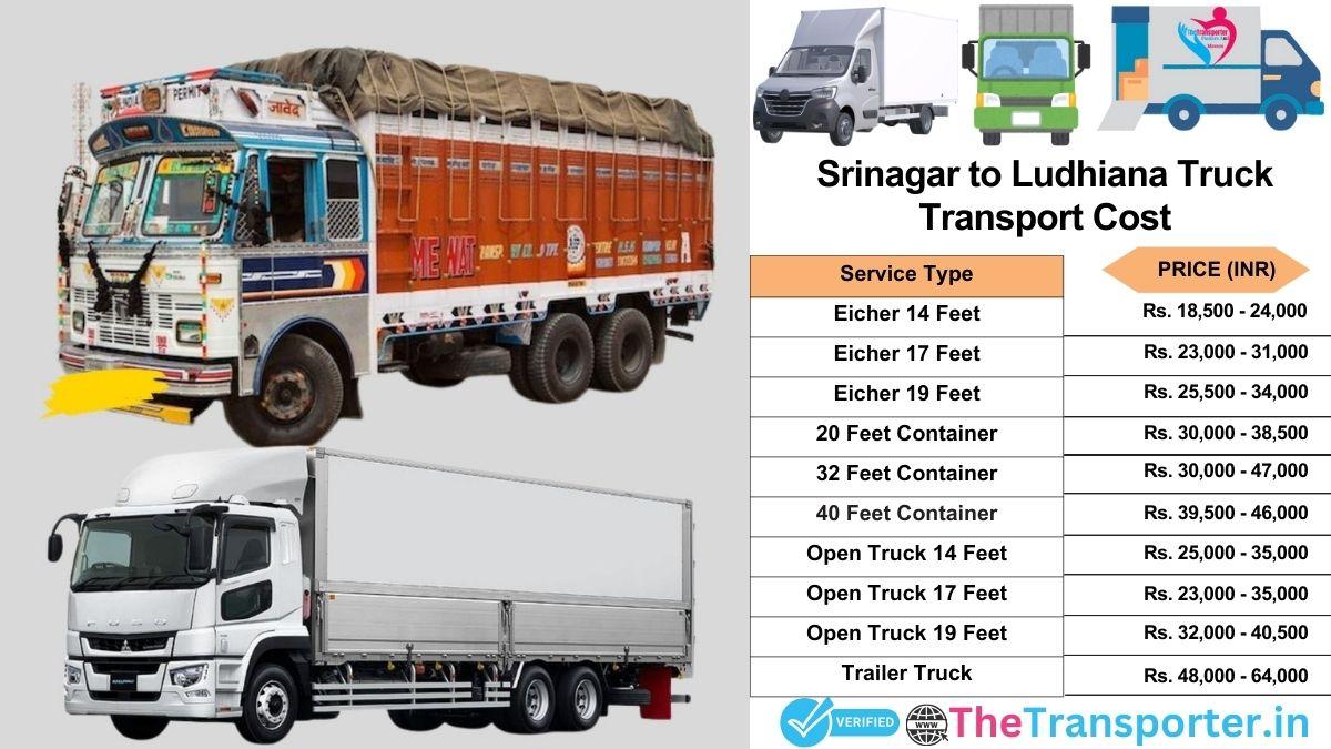 Truck charges list from Srinagar to Ludhiana