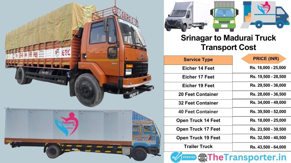 Truck charges list from Srinagar to Madurai