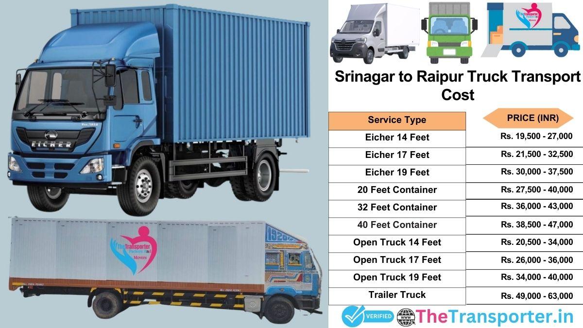 Truck charges list from Srinagar to Raipur