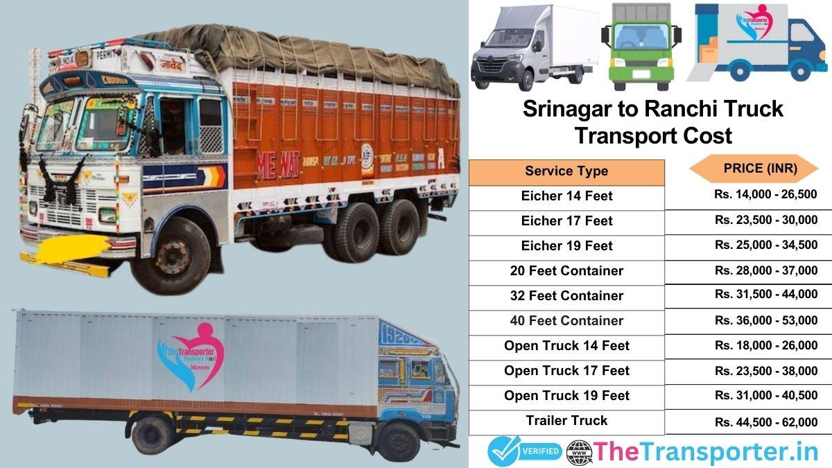 Truck charges list from Srinagar to Ranchi