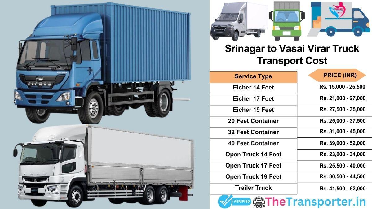 Truck charges list from Srinagar to Vasai-virar