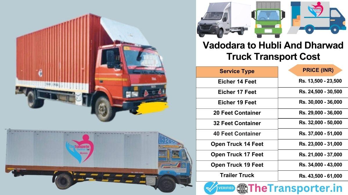 Truck charges list from Vadodara to Hubli and dharwad