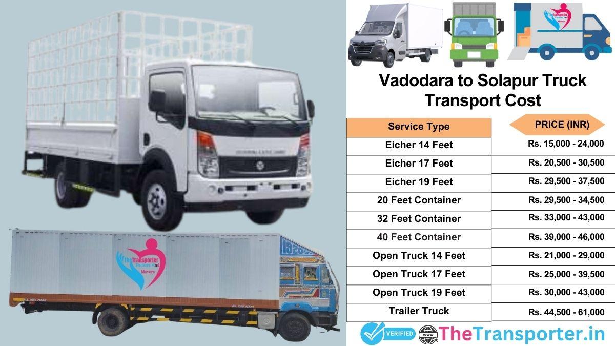 Truck charges list from Vadodara to Solapur