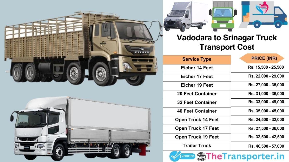 Truck charges list from Vadodara to Srinagar