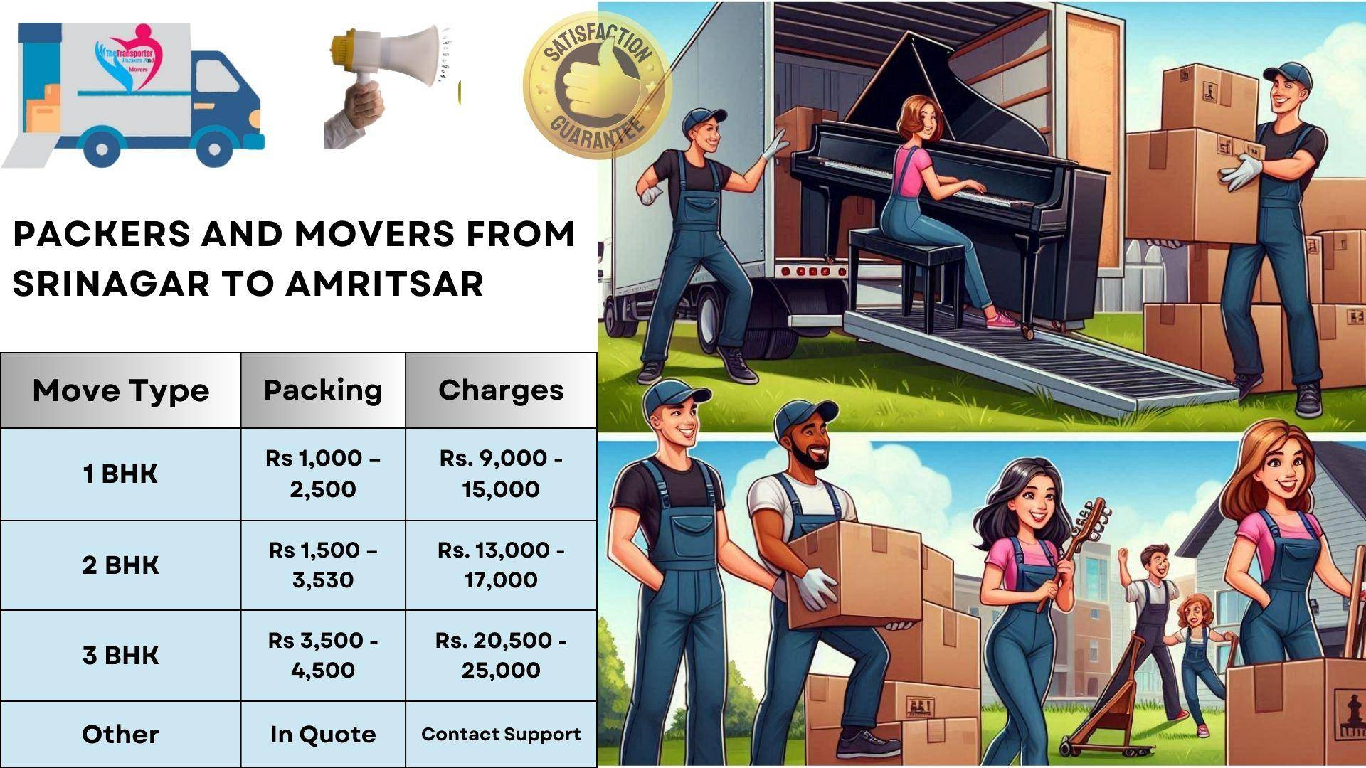Packers and Movers charges list From Srinagar To Amritsar