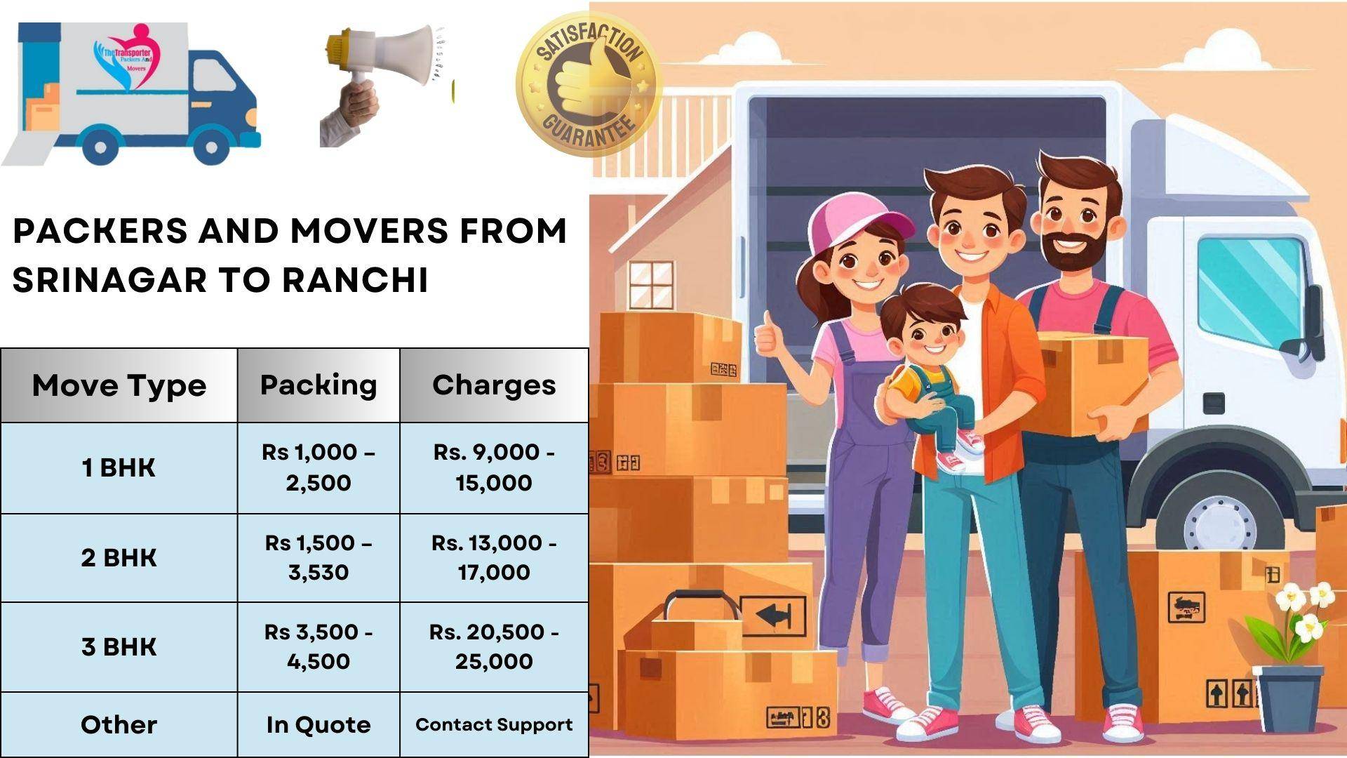 Packers and Movers rates list From Srinagar To Ranchi