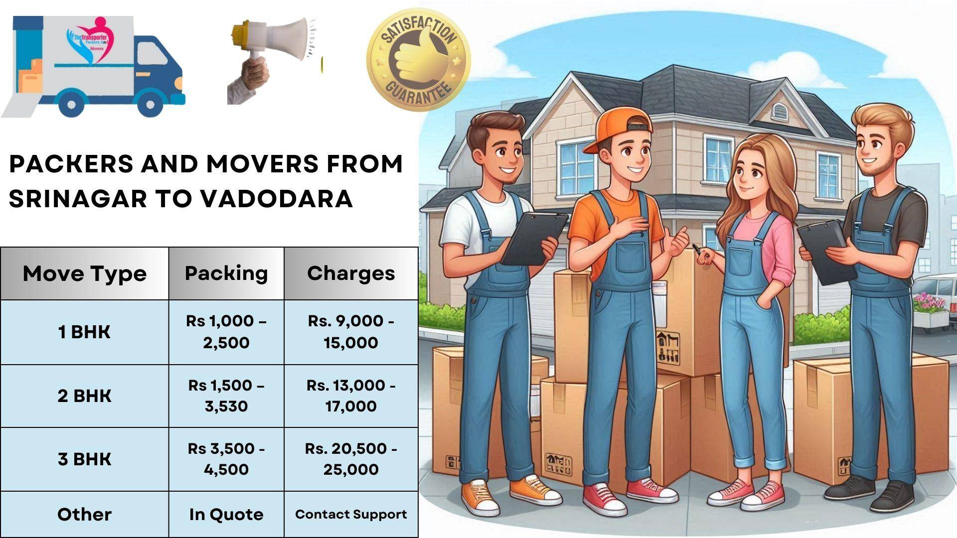 Packers and Movers charges list From Srinagar To Vadodara