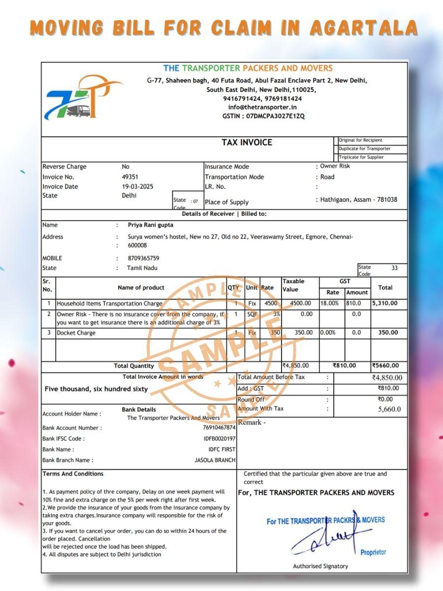 Verified packers and movers bill for claim in Agartala