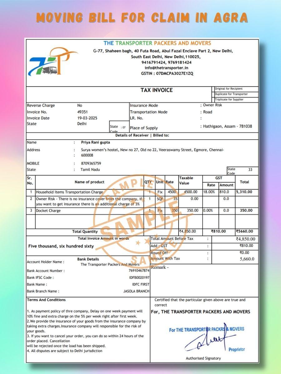Verified packers and movers bill for claim in Agra