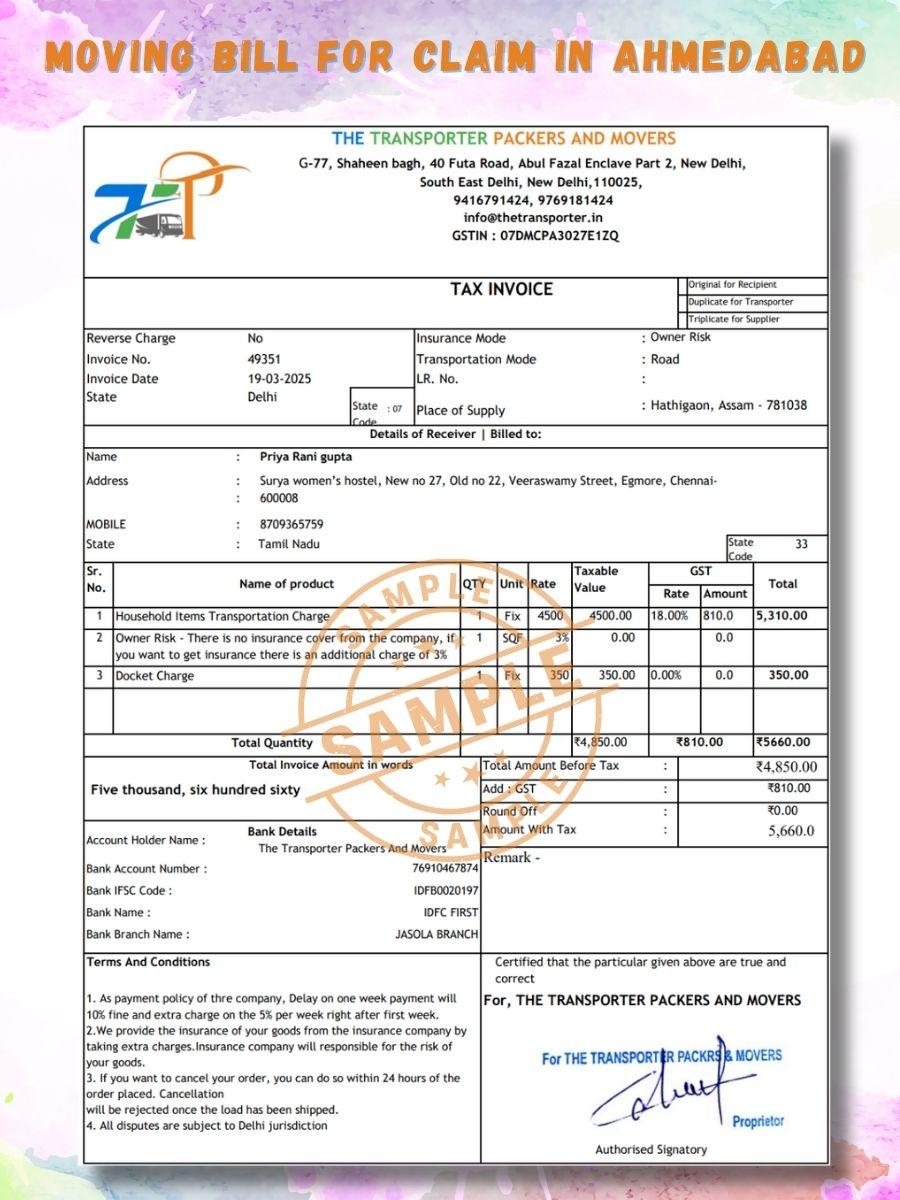 Verified packers and movers bill for claim in Ahmedabad
