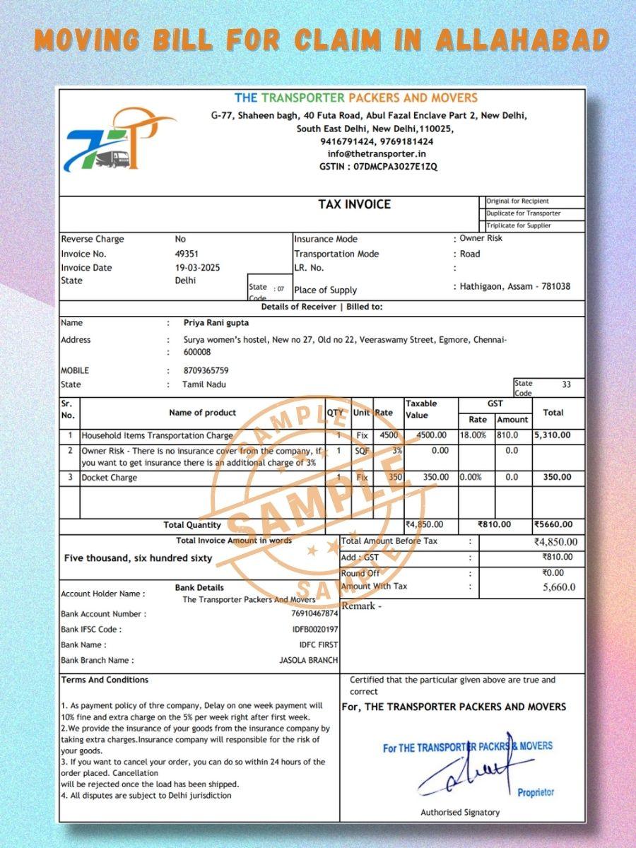Verified packers and movers bill for claim in Allahabad