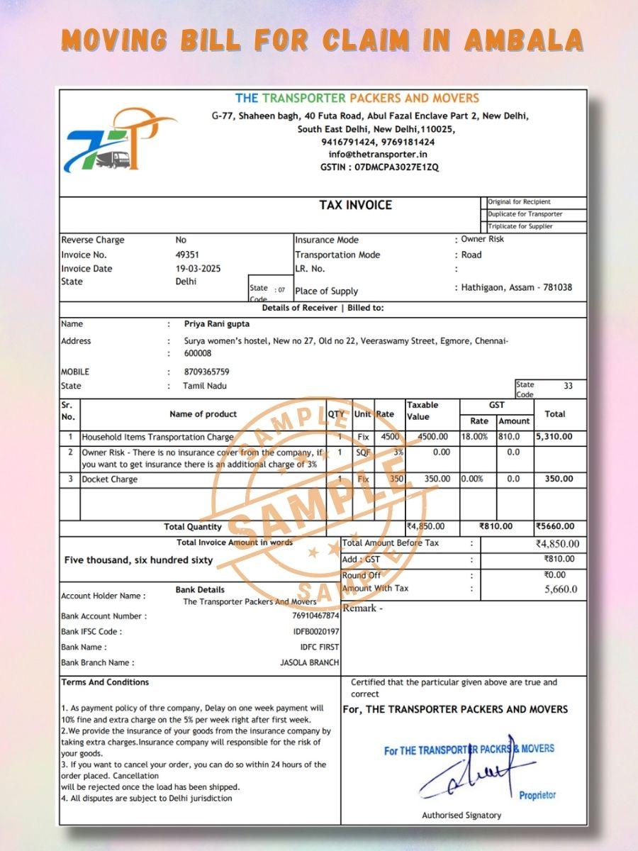 Verified packers and movers bill for claim in Ambala