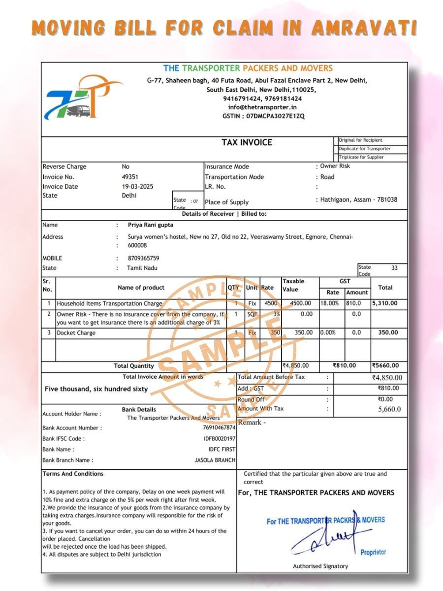 Verified Movers and Packers Bill for Claim in Amravati