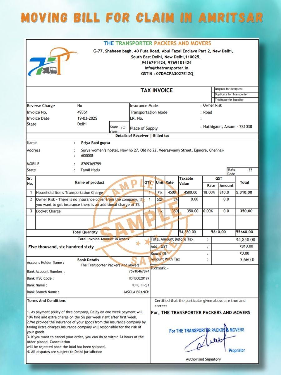 Verified packers and movers bill for claim in Amritsar